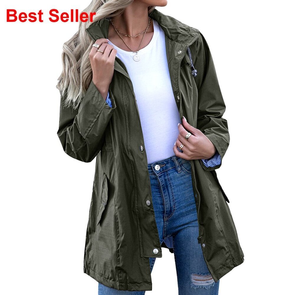 Lightweight Waterproof Rain Jacket with Striped Lining Hooded Windbreaker